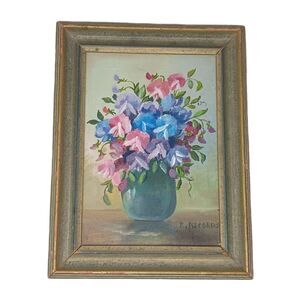 Vintage Elsie Records Miniature Painting Flowers Framed Pink Blue Purple Signed
